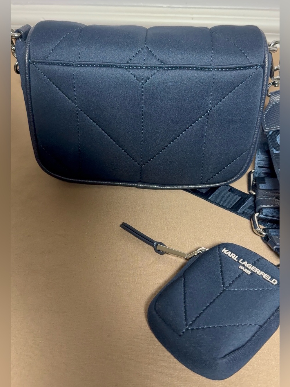 Karl Lagerfeld Navy Quilted Crossbody with Branded Strap and Pouch - Picture 3 of 7